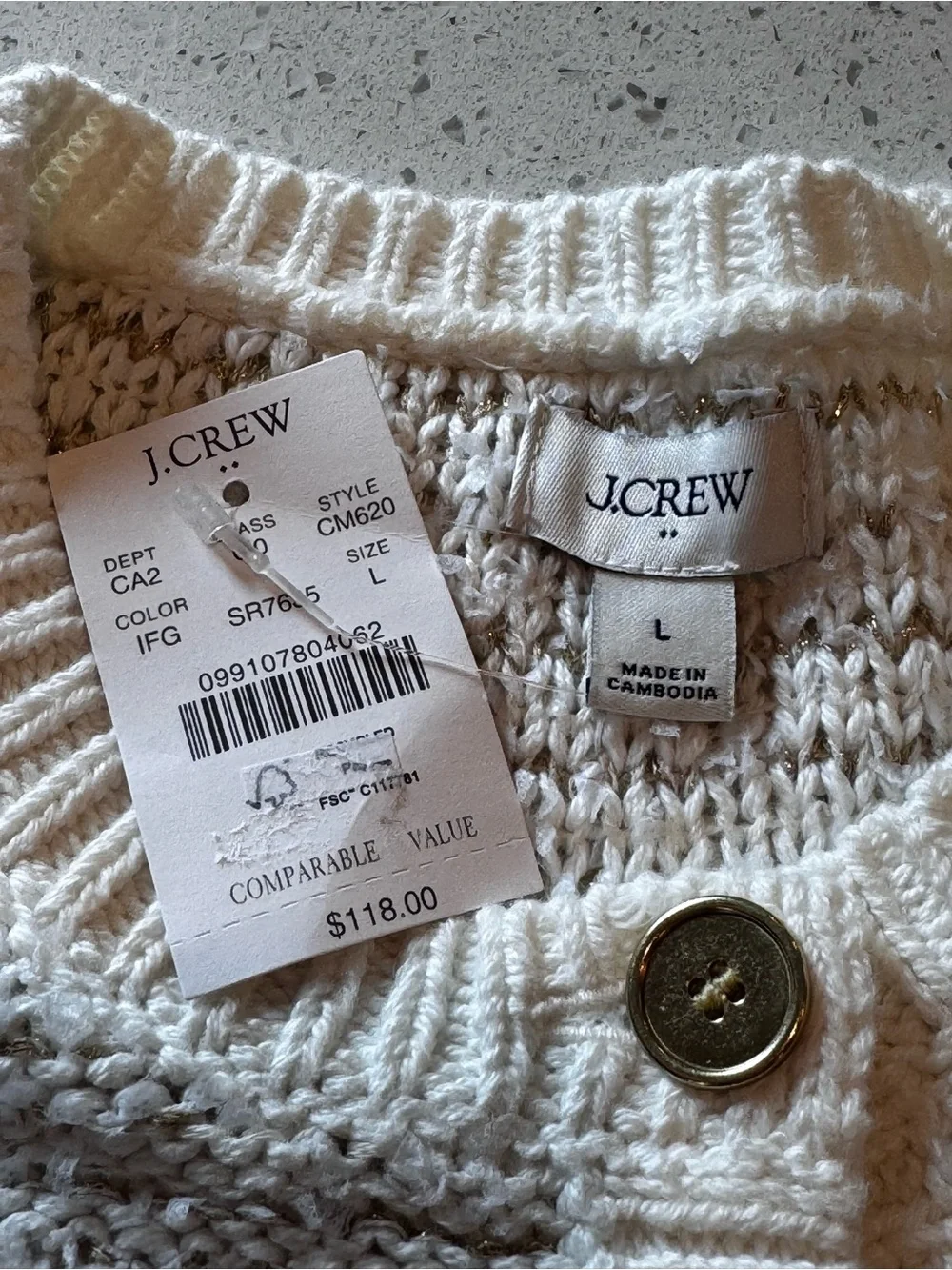 J.Crew NWT Cream Gold Metallic Short Sleeve Lady Jacket Cardigan Classic Large